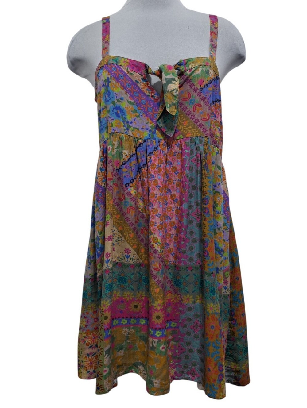 Natural Life Patti Tie Front Folk Flower Patchwork Boho Sundress Med Multi-Color